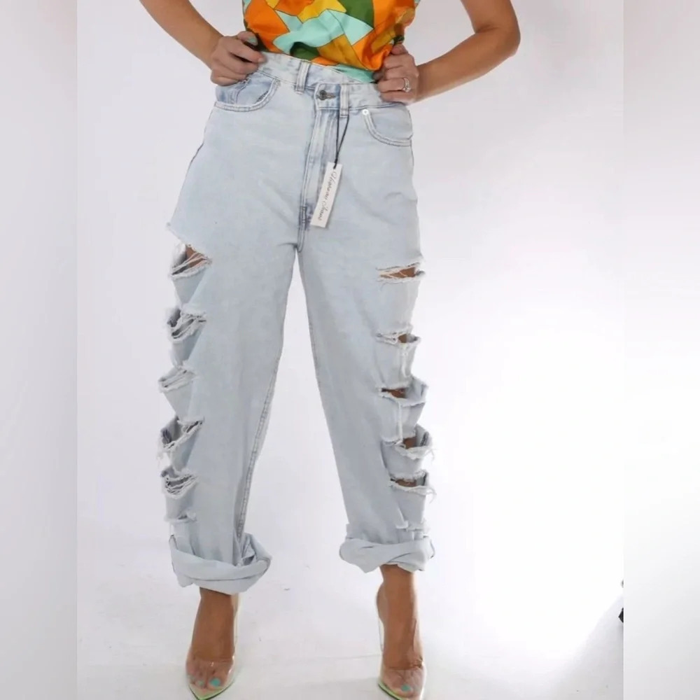 Highway Jeans Factory Distressed Ripped Light Blue Wide Leg Denim Size 3 NWT